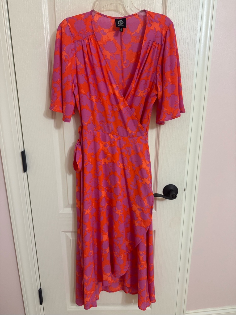 bobeau Pink and Orange Floral Wrap Midi Dress with Side Tie